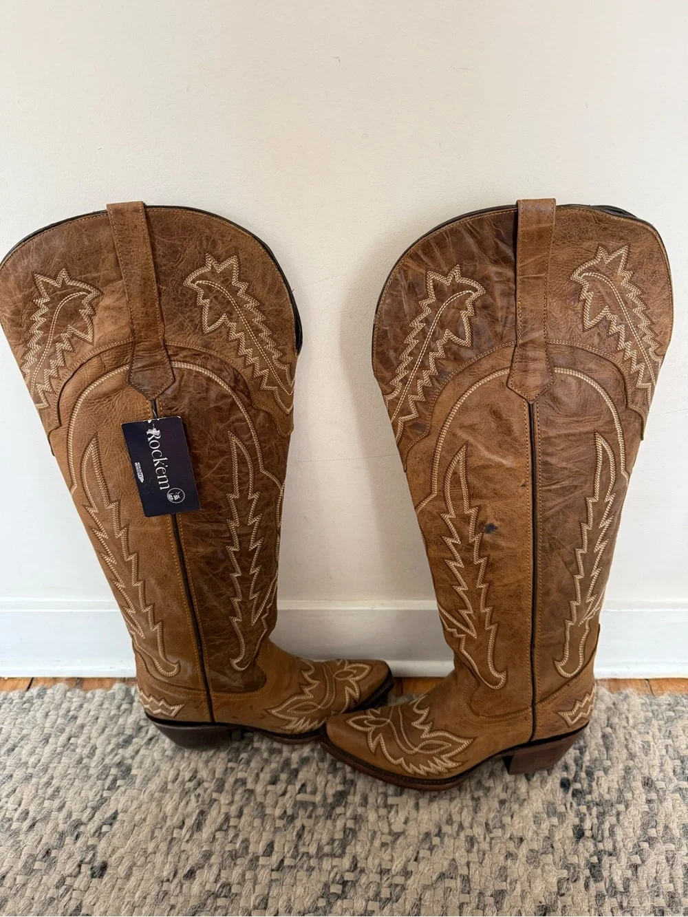 Rockport Tan Embroidered Over-the-Knee Western Boots